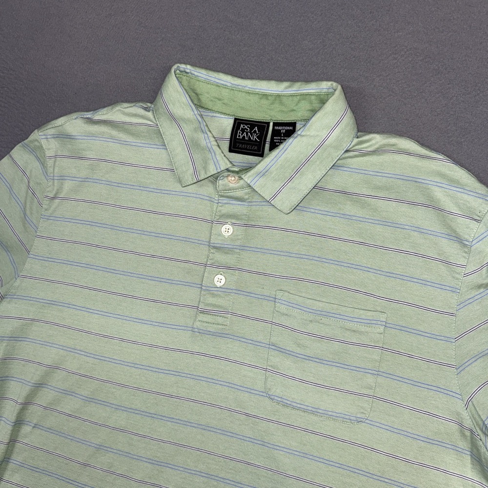 Jos A Bank Polo Shirt Mens Large Green Striped Traveler Traditional Short Sleeve